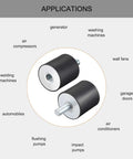Durable M10 rubber vibration mounts provide effective shock absorption for motors, pumps. Shown with threaded metal inserts.