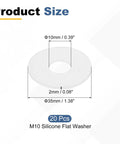 M10 Silicone Flat Washer Set 20 Pieces 10mm ID 35mm OD 2mm Thick White Gaskets with dimensions, ideal for sealing.