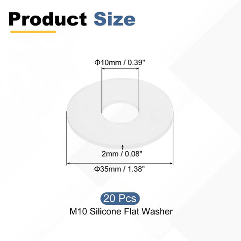 M10 Silicone Flat Washer Set 20 Pieces 10mm ID 35mm OD 2mm Thick White Gaskets with dimensions, ideal for sealing.