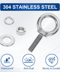 4 Pack M10 Stainless Steel Eye Bolts With Nuts And Washers Set, 35mm Thread Length, ideal for DIY projects, close-up view