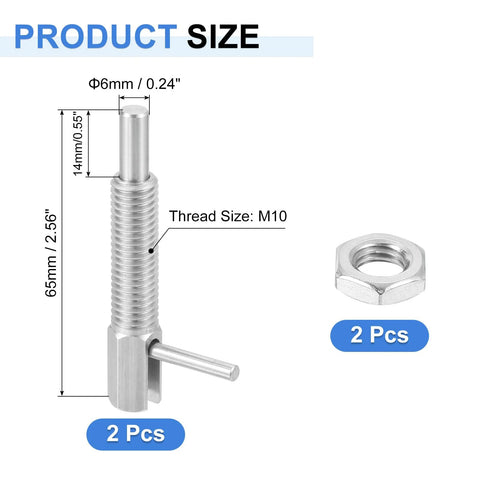 Two Piece Pro Gear Retractable Indexing Plunger Pins Set Uxcell M10 Stainless Steel with nuts, size labeled, for machinery use.