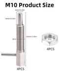 Retractable Indexing Plunger Pin Set In M10 Stainless Steel, 4 Pieces, shown with dimensions and nut in product image.