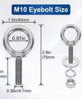 4 Pack M10 Stainless Steel Eye Bolts With Nuts And Washers Set, 35mm Thread Length, product dimensions diagram