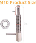 Two Pack Retractable Indexing Plunger Pin M10 Stainless Steel Spring Latch with Nut and L Handle, showing dimensions.