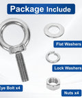 4 Pack M10 Stainless Steel Eye Bolts With Nuts And Washers Set, 35mm Thread Length, showing included hardware components