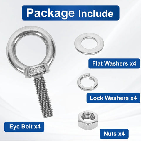 4 Pack M10 Stainless Steel Eye Bolts With Nuts And Washers Set, 35mm Thread Length, showing included hardware components