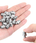 Hand holding M10 Straight Hydraulic Grease Fittings Pack 20 Pieces Stainless Steel Zerk Fittings for automotive use.