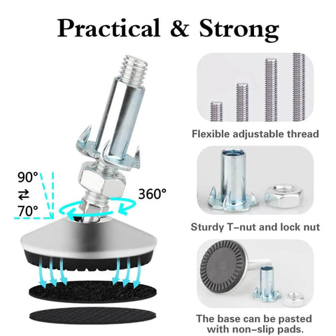 Four heavy duty M10 swivel adjustable leveling feet with T Nut for screw on cabinet, table, and chair legs, 2 inch base