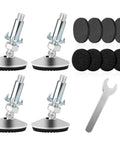 Four heavy duty M10 swivel adjustable leveling feet with T Nut for screw on cabinet, table, and chair legs; includes pads and wrench.