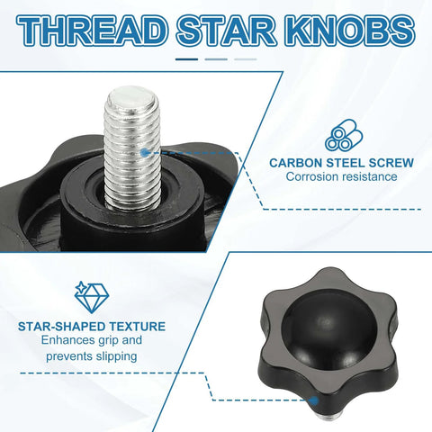 M10 x 35mm Thread Star Knobs Two Pack With Clamping Handle And Bolts showcasing anti-slip texture and carbon steel screw.