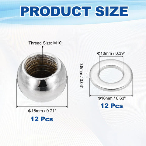 12Pcs M10 x 18mm Threaded Ball Knobs Set In Silver With 12 Spacers And Flat Washers For Lighting DIY Projects Carbon Steel