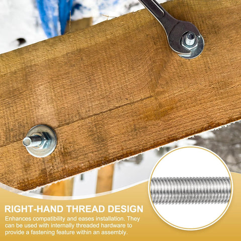 Two pack M10 x 1.25 stainless threaded rods, 300 mm long, 304 stainless steel, fully threaded for strong, corrosion resistant fasteners in anchors and clamps, being installed in wooden structure.