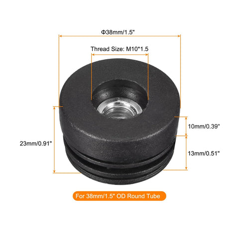 4 Pack Plastic Threaded Tube Inserts With M10 Thread For 38mm Round Tubes 1.5 Inch OD Adjustable Height Black Plug Caster Inserts