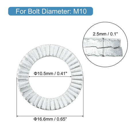 M10 Wedge Locking Washers for Bolts, Manganese Steel, 20 Pcs, DIN 25201 with dimensions