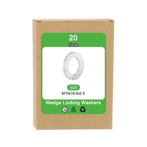 Box of M10 Wedge Locking Washers for Bolts, Manganese Steel, 20 Pcs, DIN 25201, showing packaging design