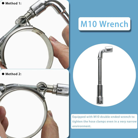 M10 wrench with two methods for securing 2 Pack 4 Inch T Bolt Hose Clamps With Working Range 108 To 116 MM in demonstration.