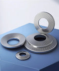 M10x27 Wide Edge Belleville Washers 5pc 304 Stainless Steel Conical Disc Cup arranged on a blue surface