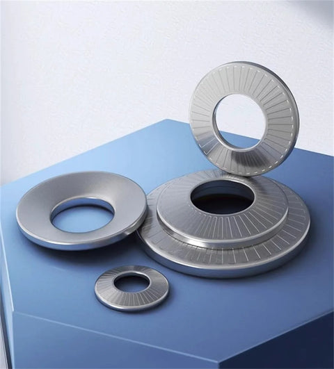 M10x27 Wide Edge Belleville Washers 5pc 304 Stainless Steel Conical Disc Cup arranged on a blue surface