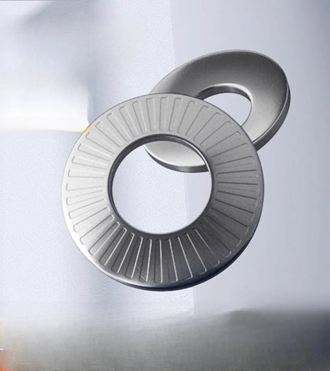 M10x27 Wide Edge Belleville Washers 5pc 304 Stainless Steel Conical Disc Cup, shining surface, front view.