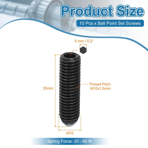M10x35mm Ball Point Set Screws 10 Pcs Carbon Steel Hex Socket Spring Plungers Grub Screws, 35mm length, black