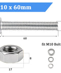 Six Piece M10 Hex Bolts And Nuts Set In 304 Stainless Steel With M10x60mm Fully Threaded Bolts, M10-1.25 Nuts, Flat And Spring Washers