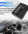 M11X1.5 Head Bolt Thread Repair Kit 35119S shown with tool case and installed in engine for Cadillac Toyota Nissan Isuzu Hyundai Kia