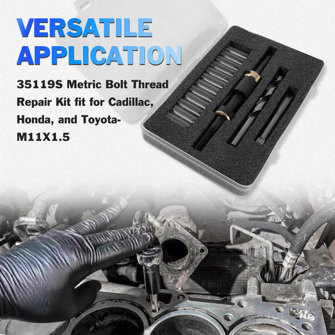 M11X1.5 Head Bolt Thread Repair Kit 35119S shown with tool case and installed in engine for Cadillac Toyota Nissan Isuzu Hyundai Kia