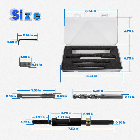 M11X1.5 Head Bolt Thread Repair Kit 35119S with case and tools dimensions for Cadillac Toyota Nissan Isuzu Hyundai Kia engines
