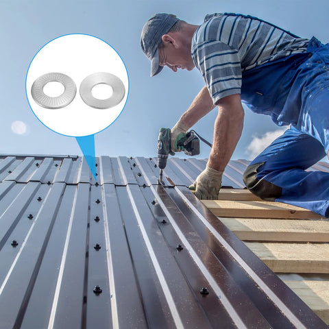 Builder using M12 Belleville Spring Disc Washers 304 Stainless Steel Conical Knurled 30 Pack on metal roofing