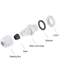 M12x1.5 Cable Gland Set Waterproof Nylon Joint with locknut and washer, white, includes sealing nut, seal, main unit claw, washer, lock nut.