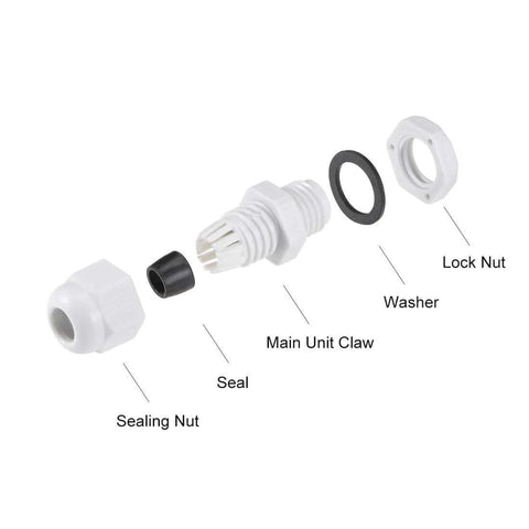 M12x1.5 Cable Gland Set Waterproof Nylon Joint with locknut and washer, white, includes sealing nut, seal, main unit claw, washer, lock nut.