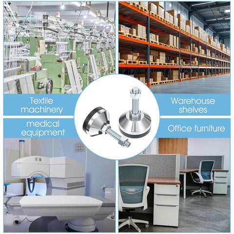 Heavy duty adjustable leveling feet with 2.36 inch base and M12 thread support up to 1300 lb, shown in machinery and furniture use.