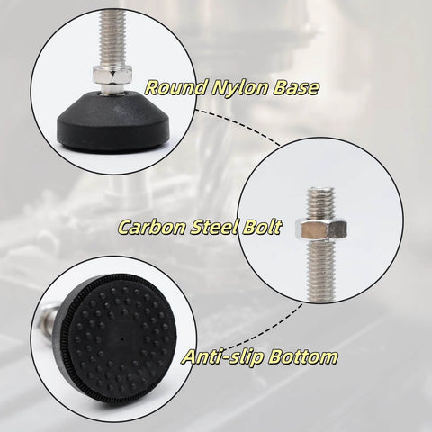 Heavy duty M12x50mm leveling feet deliver 2.83 inch height and 880 lb capacity, shown with nylon base and carbon steel bolt.