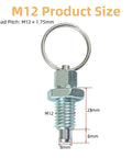 Carbon Steel Pull Ring Indexing Plunger M12 Thread 23mm Length with Retractable Spring and Quick Release Pins Dimensions