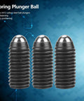 Three M12x1.75 socket ball plungers with hex set screws for clamps, carbon steel, showcasing Ten Piece M12X1.75 Socket Ball Spring Plungers Set With Hex Set Screws For Clamps And Automatic Machines Carbon Steel Construction For Precise Positioning And Reliable Pressure Easy To Install.