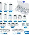 22 Pieces M12 Industrial Steel Spacer Sleeve Bushings Kit For 12mm Axle With 12 Lengths and M12 Lock Nut in storage case