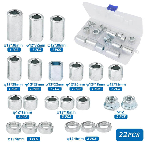 22 Pieces M12 Industrial Steel Spacer Sleeve Bushings Kit For 12mm Axle With 12 Lengths and M12 Lock Nut in storage case