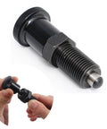 M12 Retractable Spring Knob Plunger Ball Pin, stainless steel, shown in close-up and in-hand use, heavy duty industrial component.