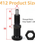 M12 Retractable Spring Knob Plunger Ball Pin with dimensions and thread pitch, stainless steel, rust resistant, heavy duty for industrial use.