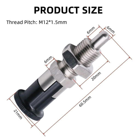 Dimensions of Two Pack Push Fit Ball Nose Spring Plungers Stainless Steel Retractable Indexing Pins with M12 By 1.5 Threads