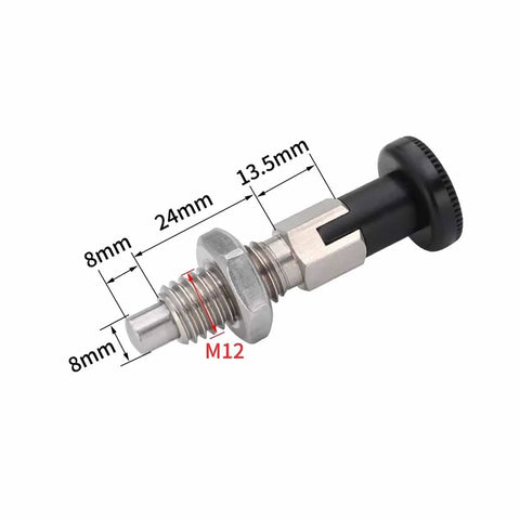 M12 Self Locking Stainless Steel Spring Locating Pin With Ball Nose Plunger and Knob, dimensions labeled
