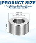 Six Pack M12 Metal Spacers Stainless Steel Unthreaded Round Standoff One Half Inch Inner Diameter Seven Eighths Inch Outer Diameter One Half Inch Length