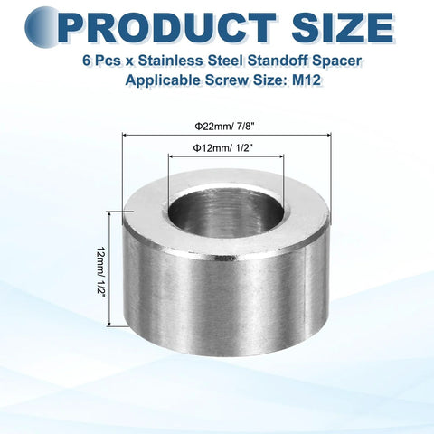 Six Pack M12 Metal Spacers Stainless Steel Unthreaded Round Standoff One Half Inch Inner Diameter Seven Eighths Inch Outer Diameter One Half Inch Length