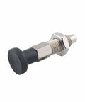 M12 Self Locking Stainless Steel Spring Locating Pin with Ball Nose Plunger and Knob, easy to operate, black handle, side view