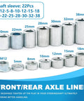 22 Pieces M12 Industrial Steel Spacer Sleeve Bushings Kit for 12mm Axle with 12 Lengths 5mm to 38mm, includes M12 lock nut.