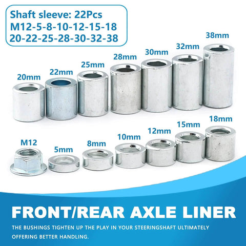 22 Pieces M12 Industrial Steel Spacer Sleeve Bushings Kit for 12mm Axle with 12 Lengths 5mm to 38mm, includes M12 lock nut.
