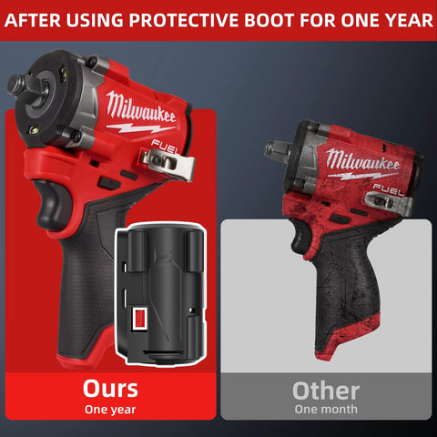 Comparison of M12 FUEL Stubby Wrench with rubber boot cover after one year next to unprotected wrench after one month.
