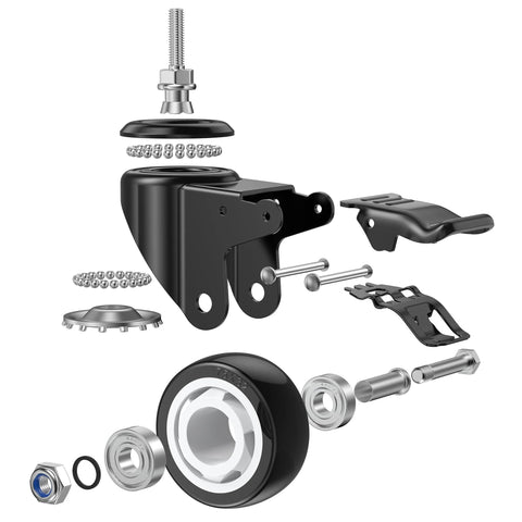 Exploded view of 3 Inch Stem Casters With M12 Thread, 12mm Diameter By 30mm Length, Heavy Duty Locking Swivel Caster Wheels.