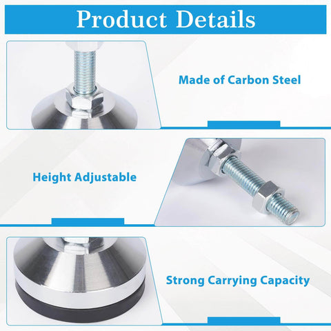 Heavy Duty Leveling Feet M12 Thread Adjustable Leg Levelers With 2.36 Inch Base Diameter Anti Skid Rubber Feet For Workbench Machine And Cabinet Durable Carbon Steel Construction Includes Wrench, showing detail of carbon steel construction, adjustment mechanism, and anti-skid base