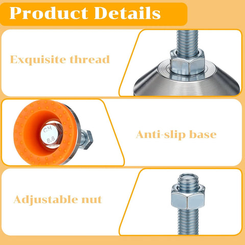 Product details highlighting Tough As Nails M12 Thread Leveling Feet with anti-slip base, exquisite thread, and adjustable nut.
